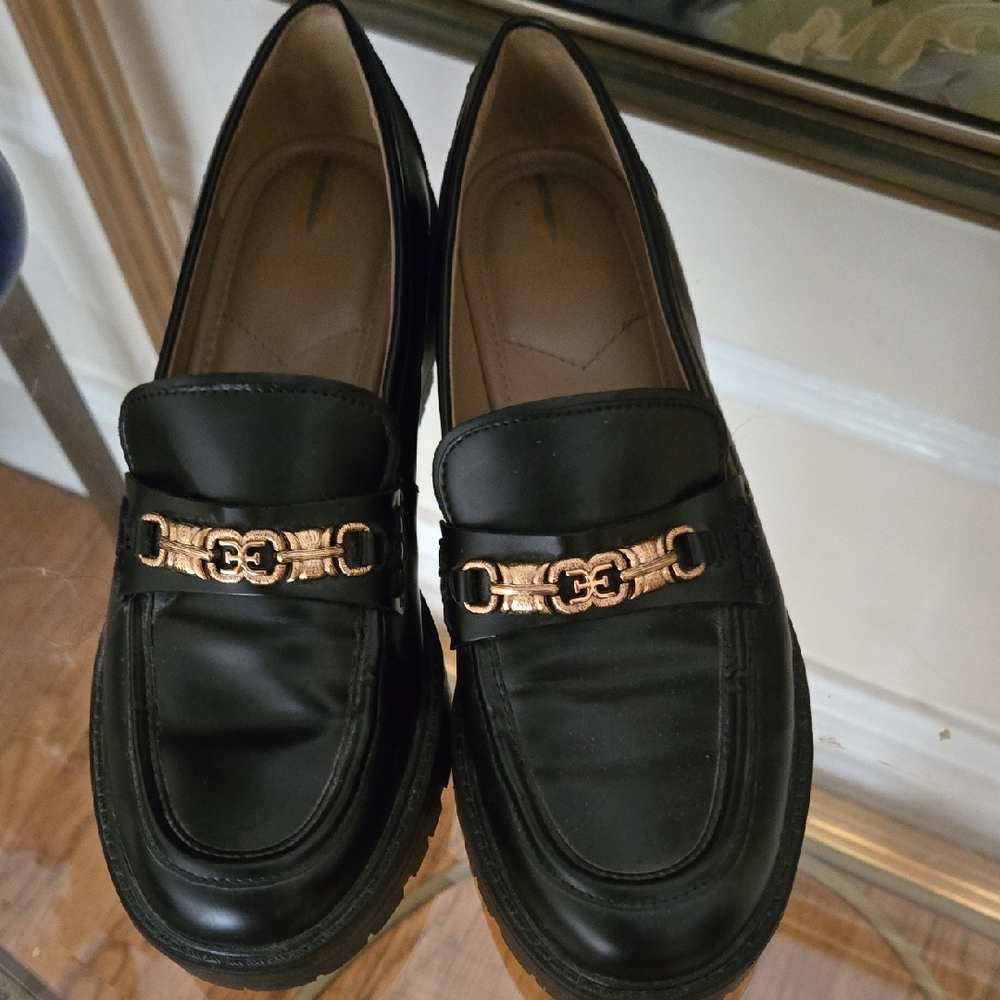 Sam Edelman Black Lug Sole Loafers with Gold Detail